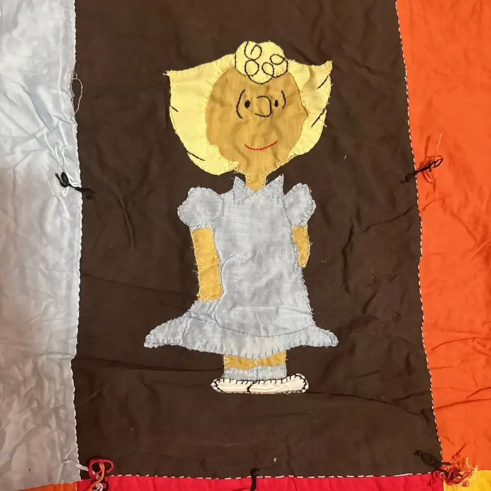 Vtg Peanuts Woodstock Charlie Brown Patch Quilt Blanket Double Sided 56” By 82”